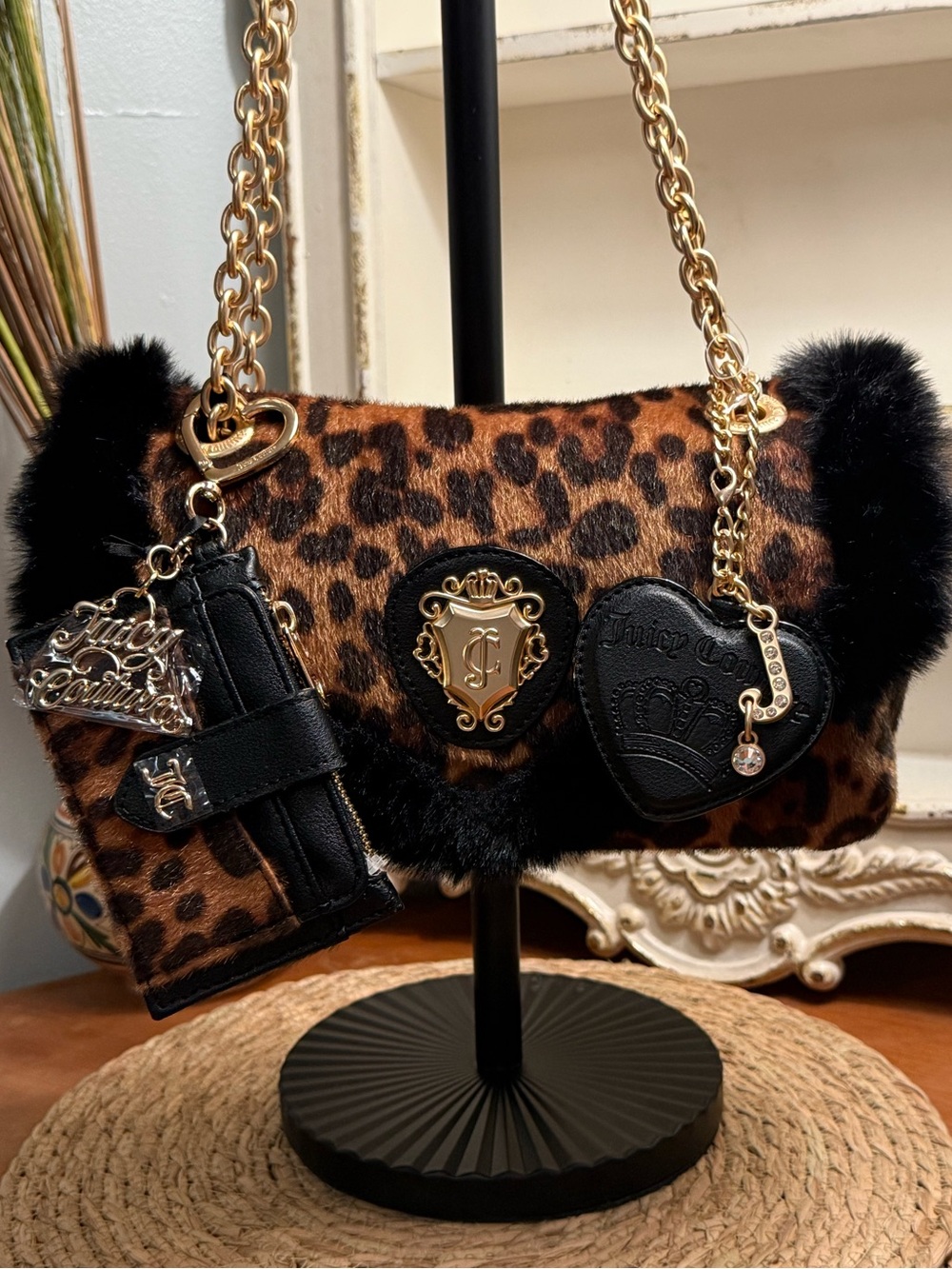 Juicy Couture Leopard Faux Fur Shoulder/Crossbody Bag w/ Matching Juicy Wallet